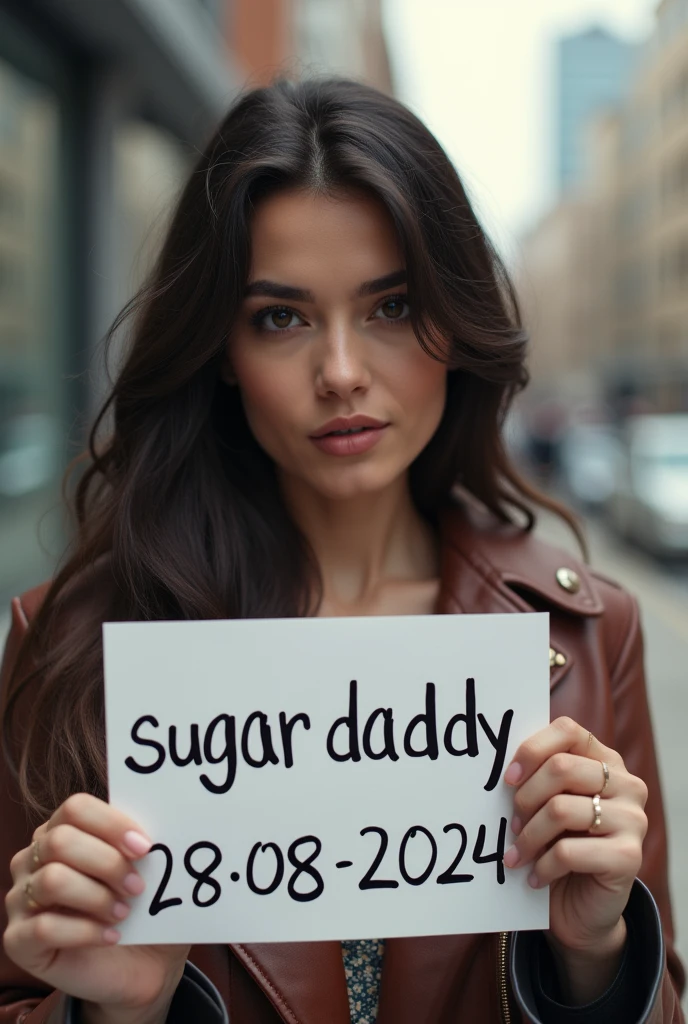 Une femme brune qui se prend en selfie en tenant un panneau avec écrit Sugar Daddy 28/08/2024
