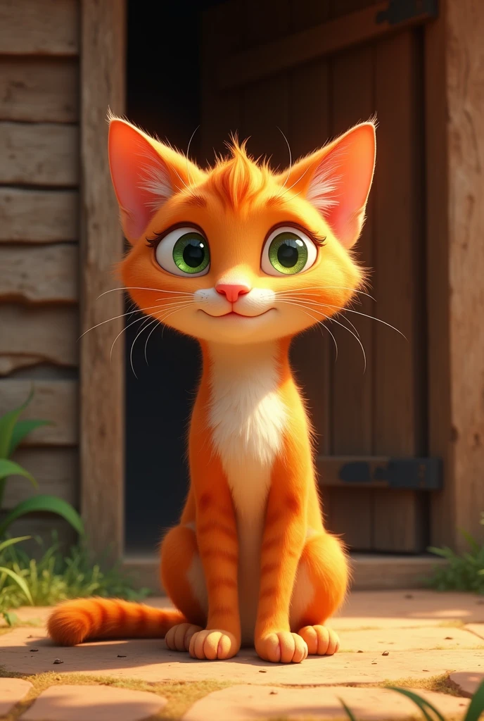 FEMALE ORANGE CAT AGE , HER NAME IS "MOON"CHUGH DISNEY PIXAR STYLE, BIG CARTOON HEAD, CUTE FACE, INDIANA JONES LONG GREEN EYES, PERFECT COMPOSITION, HIGHLY DETAILED, IN FRONT OF A WOODEN HOUSE FULL VIEW, ART FROM THE COVER
