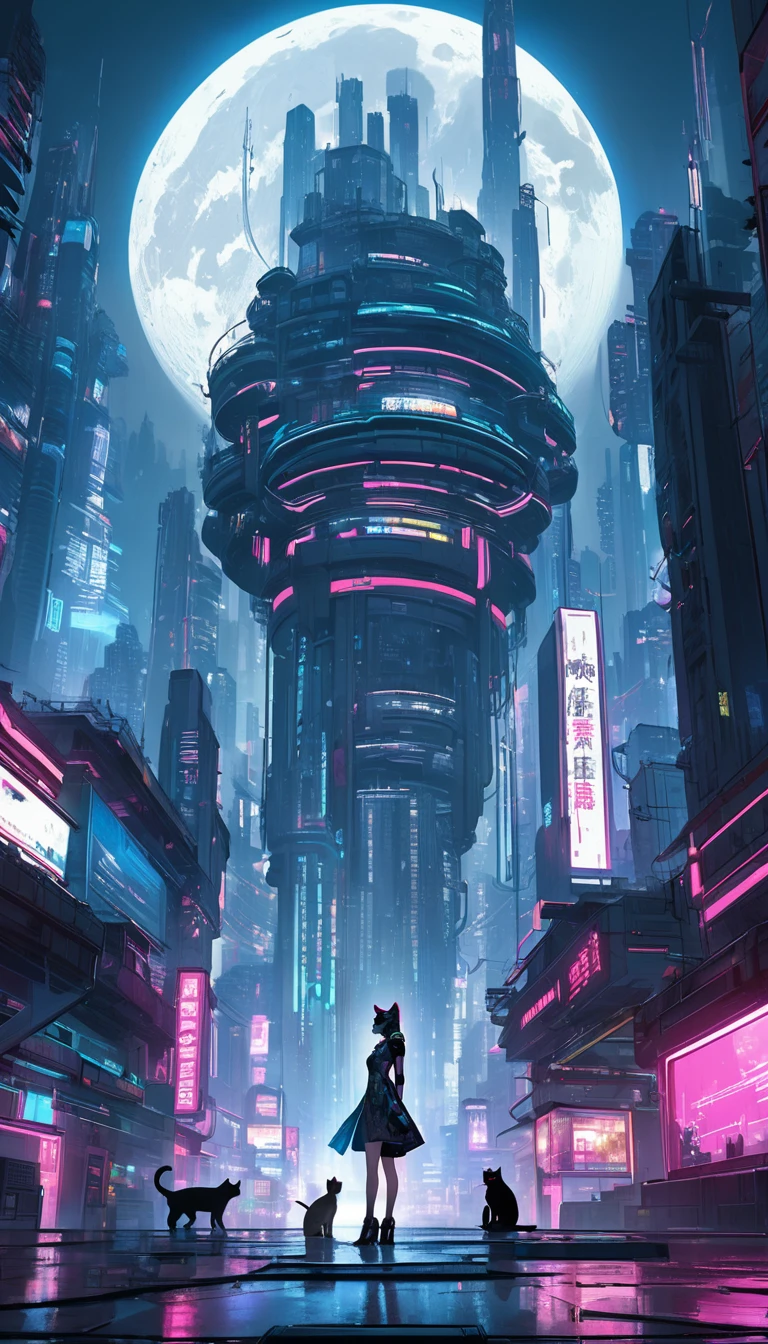 Future City,A cat woman,Wearing cheongsam,Standing in the middle of a platform,There is a huge moon ahead, In a future cyberpunk city, In the cyberpunk city, Cyberpunk art style, Digital Cyberpunk Anime Art, Future cyberpunk scene, Cyberpunk atmosphere, Beautiful cyberpunk city, cyberpunk blade runner art, Cyberpunk Dream, Cyberpunk Cityscape, In the cyberpunk city里, Arstation and beeple height