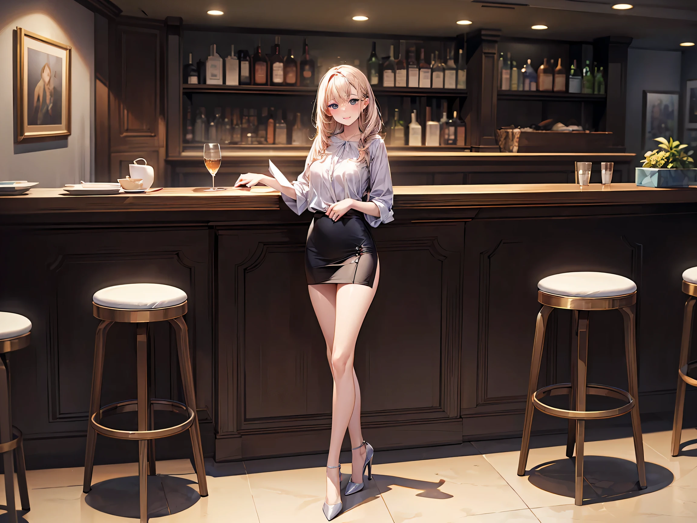 (masterpiece:1.3),(best quality, highest quality),((Full Body Shot,Including face)),girls,4K,masterpiece,((Focus on the face)),((Symmetrical facial features)),Beautiful woman,(slender),((High heels)),Detailed depiction of the face, Cafe ,bar,Casual wear,skirt,Age 25,kawaii, (illustration:1.3),There is a male master at the counter.