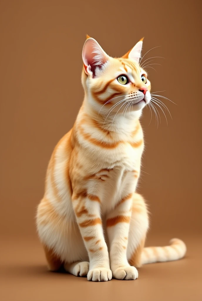 a beautiful yellow tabby cat sitting sideways isolated on a brown background