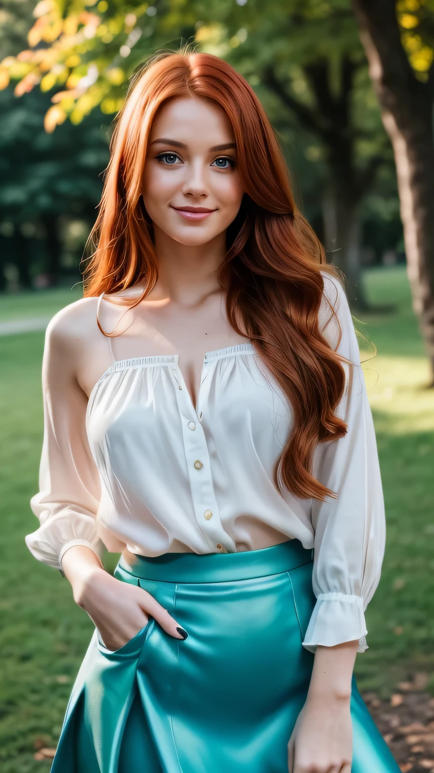 Realistic full body photo of a smiling, Young red-haired woman with long hair, She dances in front of the camera in a silk blouse with a light blue skirt..., Park,glamour fotoshooting, Park, perfect anatomy, perfect green eyes. Perfect hands with 5 fingers on each hand, Matching girl, look into the camera, 1 Frau. (Eye make up:1.1), (highly detailed skin:1.1), spirit, analog style, keen focus, 8K  UHD, dslr, good quality, Fujifilm XT3, Grain, Award-winning, ​masterpiece. Park