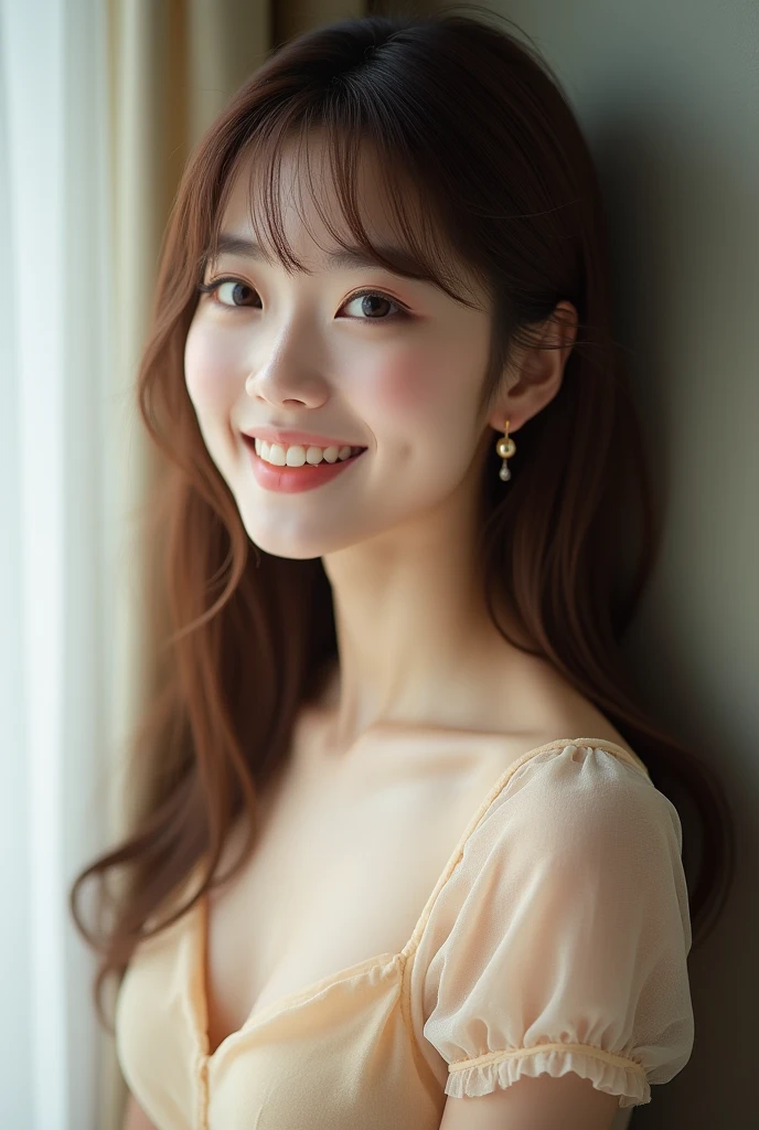 high resolution、A transparent Japanese woman、Ima-ish、Elegant、White Shirt、looking at the camera、body is angled、smile、Moist and shiny hair、Thready hair、cute、Brown Hair、Beautiful young woman who looks like a model、Leaning against a wall、Big eyes、Glossy makeup、Outline of an inverted triangle、Pulp lips、face is slanted４５Every time、Straight Hair、The tips are heavy、Beige short-sleeved sheer top that covers the chest、Hide your chest、Attractive features、Big eyes、Beautiful woman、Single gold earrings、Diagonal bangs、Side-parted bangs、Beautiful like a celebrity、Thin bangs between the eyebrows、Collarbone-length hair