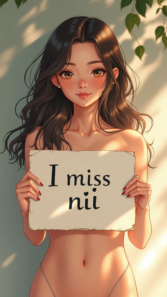 a beautiful and cute nude woman holding up a sign "i miss nii", joyful, happy, anime illustration, photorealistic, oil painting