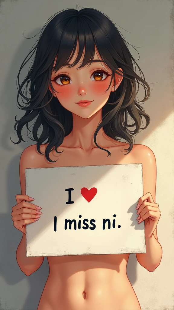 a beautiful and cute nude woman holding up a sign "i miss nii", joyful, happy, anime illustration, photorealistic, oil painting