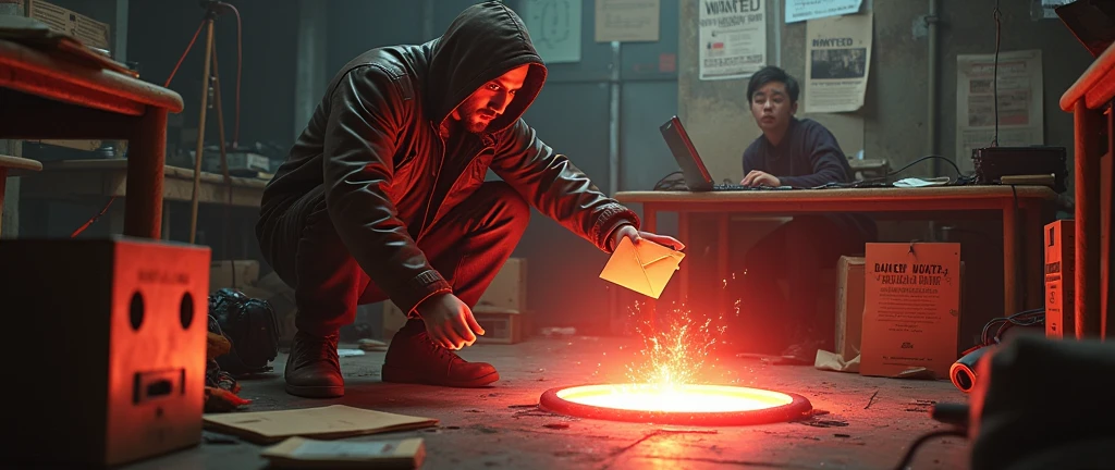a man is in his office with several monitors, hacker, he is throwing a brown envelope into a small interdimensional portal in a hole in the ground, He wears a brown leather jacket, and hood, the place is messy and improvised, he looks at me surprised, I'm peeking through the boxes, the portal has red edges, Spark, lensflare, motion-blur, sparks, work of art, uhd, ultra detailed, flying papers, fluidity of movements, high detaild, perfect proportions, fire particles come out of the portal, the place is on fire, the computers are broken, wanted posters everywhere