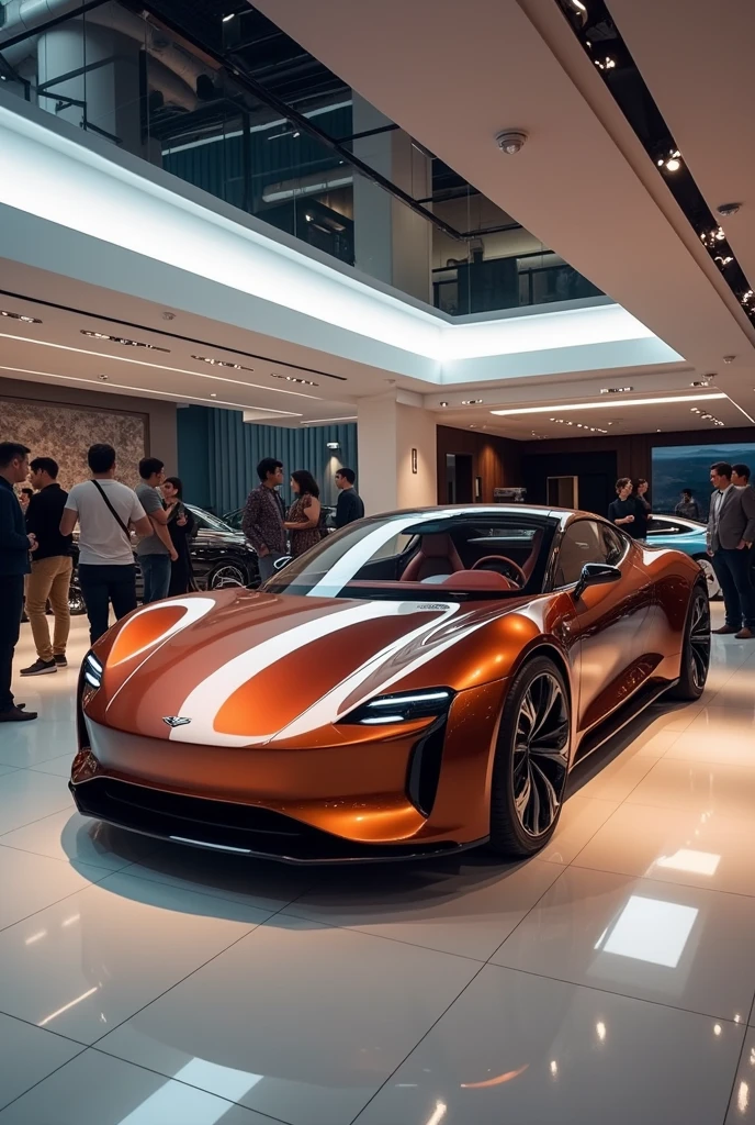 Create a realistic image of a modern Iron Man style electric car, wine and gold colors, put in the background a modern car showroom on display and people scattered around the room