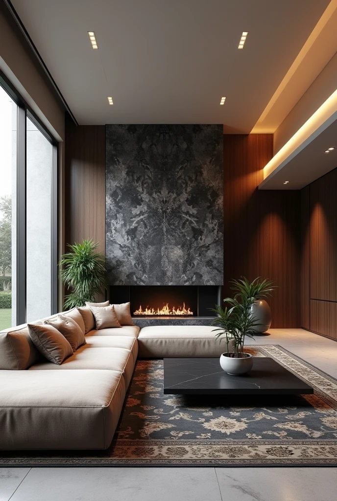 Professional 3d architecture rendering design of modern living room with so and very dark beige floranca velvet sofa set and medium flouting dark gray marble fireplace and light gray laminate and elegant and modern accessories and modern windows and black slab stone middle table and elegant ceiling lighting and elegant accessories and elegant dark gray Persian carpet and elegant ceiling lighting