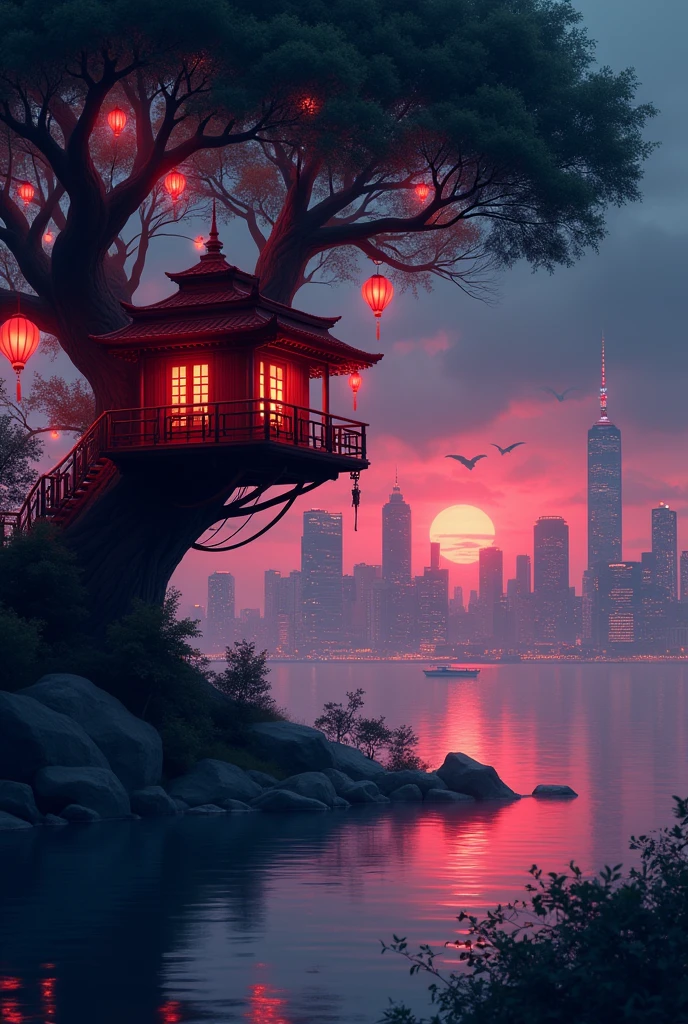 (photorealism:1.2), The image is a digital illustration of a city skyline at night. The sky is dark and cloudy, and the city is lit up with red lights. In the foreground, there is a treehouse with a red roof and a balcony overlooking a body of water. The treehouse is surrounded by trees and bushes, and there are red lanterns hanging from the branches. The water is calm and reflects the lights of the city, creating a beautiful and serene atmosphere. The buildings in the background are tall and modern, with skyscrapers and other structures visible. The overall mood of the image is eerie and mysterious.