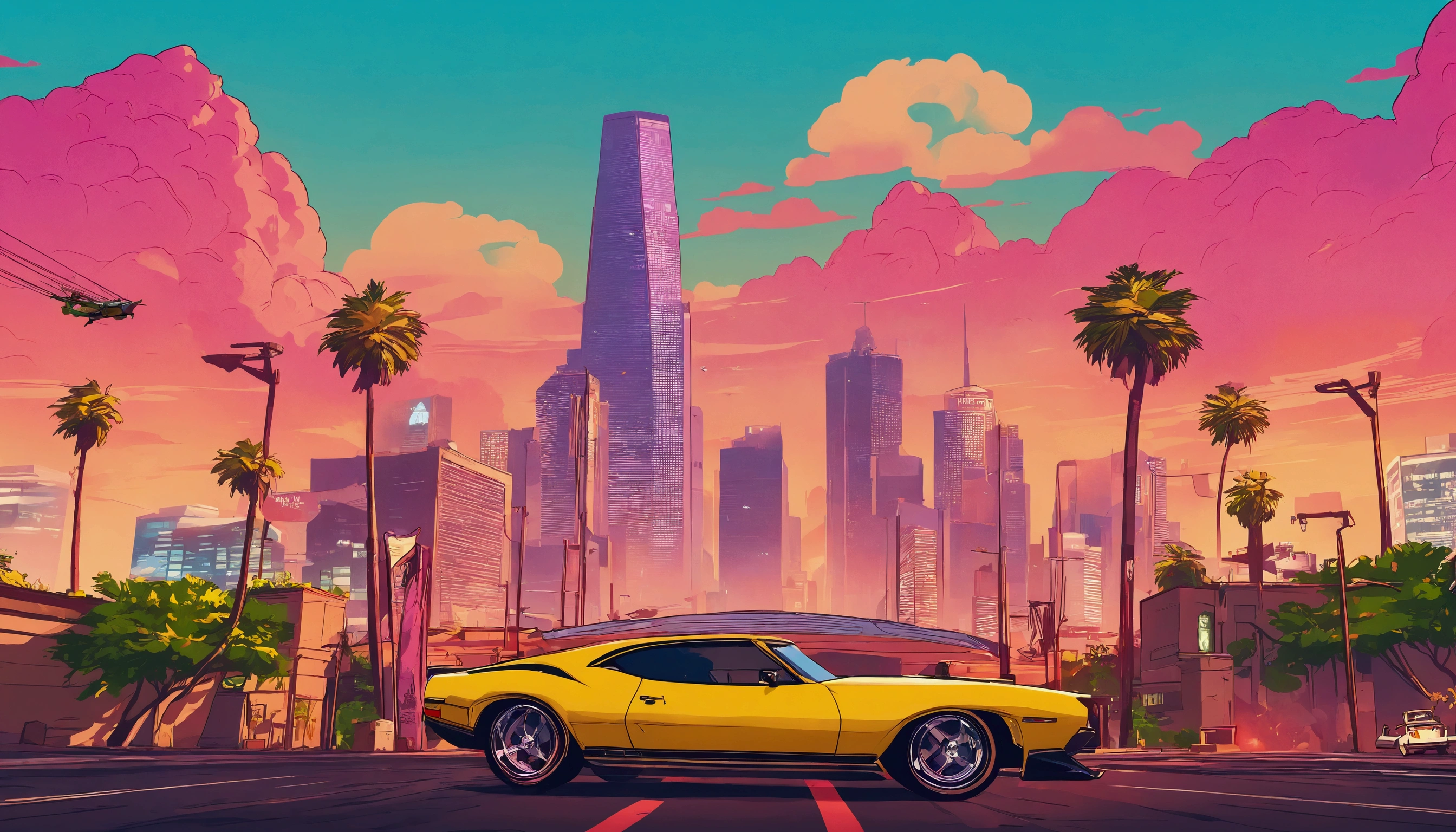 GTAV loading screen 2D graphics, wide angle, cinematic composition, in front of a city, shader, bright cinematic lighting, soft contrast, GTA5 loading screen, gta art, 4k wallpaper, 4k wallpaper, 4k hq wallpaper, gta loading screen graphics, fan art, Rockstar games art