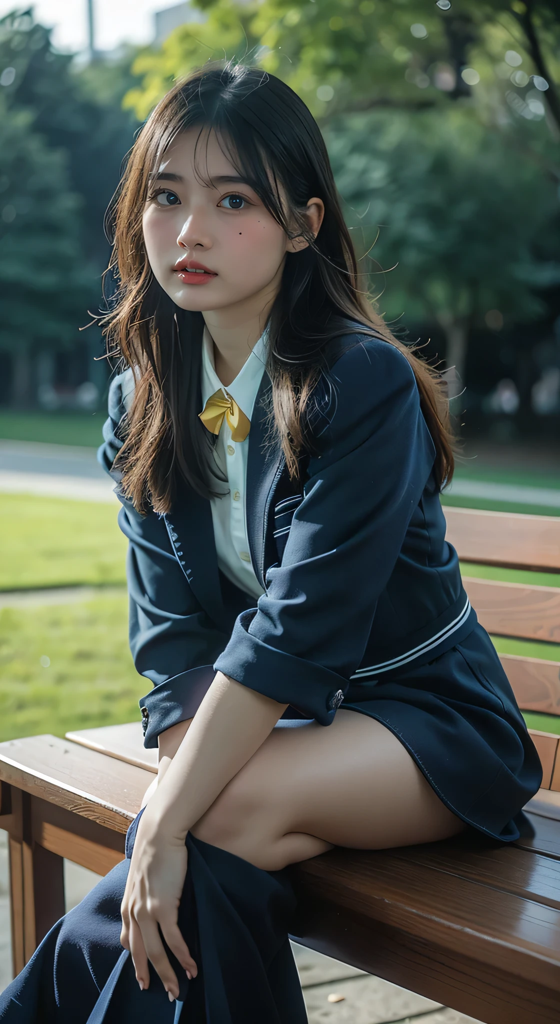 最high quality, In 8K, Masseter region, Vibrant, Sharp focus, high quality, High resolution, Detailed face, fine grain, Thick lips, (Looking at the audience), alone, Beautiful woman, 3, Japanese women, (Short black hair:1.4)、(Bob Hair:1.4), Cleavage, Lunch break、Large city park、Green Grass、In front of a big fountain、(sitting on a park bench:1.3)、(Full body photo:1)、(Japanese women)、(Mitsubishi Bank:1.8), (She is wearing a dark blue vest over a white blouse.:1.5), The vest has three gold buttons, (red, Blue and white ribbon tie:1.6)、(Ribbon tie at neck)、(Knee-length dark blue skirt)、(Black pumps:1.5)、(red lipstick:1)、(smile:1.6)、(standard body type)、(Z cup breasts)