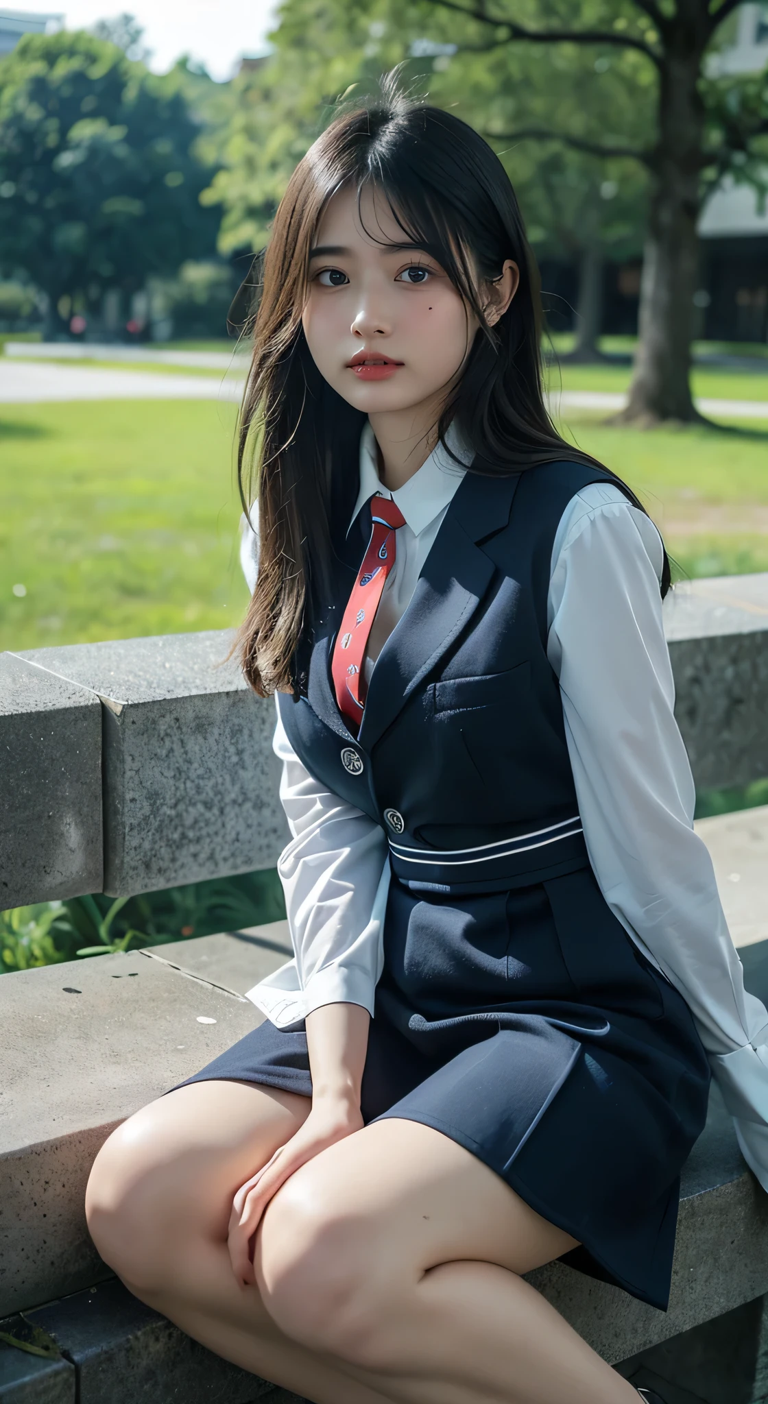 最high quality, In 8K, Masseter region, Vibrant, Sharp focus, high quality, High resolution, Detailed face, fine grain, Thick lips, (Looking at the audience), alone, Beautiful woman, 3, Japanese women, (Short black hair:1.4)、(Bob Hair:1.4), Cleavage, Lunch break、Large city park、Green Grass、In front of a big fountain、(sitting on a park bench:1.3)、(Full body photo:1)、(Japanese women)、(Mitsubishi Bank:1.8), (She is wearing a dark blue vest over a white blouse.:1.5), The vest has three gold buttons, (red, Blue and white ribbon tie:1.6)、(Ribbon tie at neck)、(Knee-length dark blue skirt)、(Black pumps:1.5)、(red lipstick:1)、(smile:1.6)、(standard body type)、(Z cup breasts)
