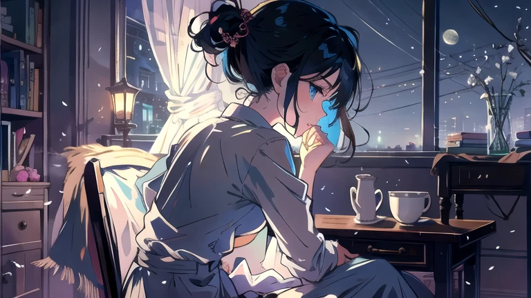 Create an illustration of black hair and blue eyes, sitting in a chair in front of a desk, Sentimental, Introspective look。, The moonlight gently shines into the room, Gently illuminate the space, Curtains sway in the wind, Increase tranquility, Dark mood, Emphasise the theme of loneliness, silence, And the depths of night, The room is dark、dimly lit by the moonlight