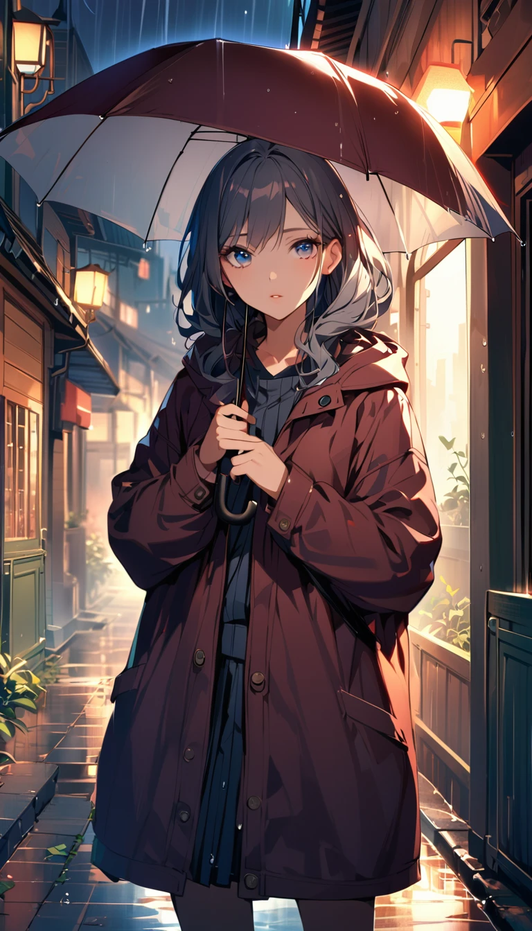 1woman, solo, gray eyes, detailed eyes, eyelashes, light lips, 25years old, she's holding an umbrella, standing, raining, early morning residential area
