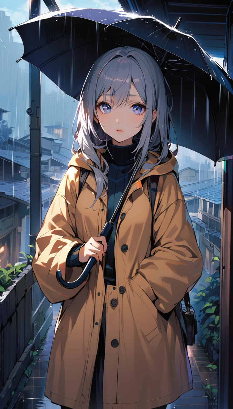1woman, solo, gray eyes, detailed eyes, eyelashes, light lips, 25years old, she's holding an umbrella, standing, raining, early morning residential area