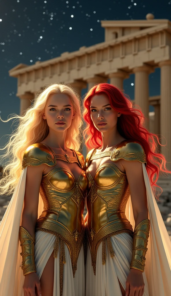 (masterpiece), (Highest quality), Photorealistic, Raw photo, Realistic, Cinematic Light, Beautiful twin goddess sisters in golden armor, Blonde and red hair, White Cape, Staring at the camera with moist eyes, Greek Temple , Under the Gemini Stars 