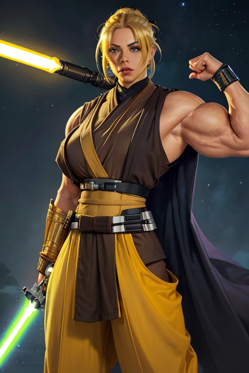 ((((Massive, tall, beautiful, buff, muscular light brown skinned female Jedi with yellow hair, black lipstick, ginormous bulky muscles, holding a lightsaber and wearing an all yellow Jedi outfit and Jedi pants)))), (close view), black eyeliner, massive muscles, massive biceps, hyper muscle triceps, (long flowing hair), gray eyes, Jedi boots, In space, Jedi outfit, Jedi pants, nighttime, confident smile, hyper muscles arms, hyper muscle legs, (ginormous arms)