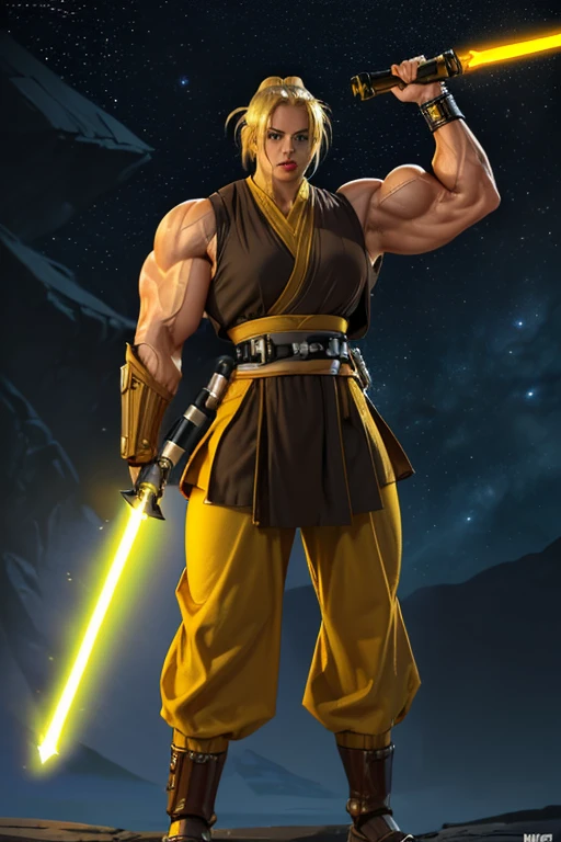 ((((Massive, tall, beautiful, buff, muscular light brown skinned female Jedi with yellow hair, black lipstick, ginormous bulky muscles, holding a lightsaber and wearing an all yellow Jedi outfit and Jedi pants)))), (close view), black eyeliner, massive muscles, massive biceps, hyper muscle triceps, (long flowing hair), gray eyes, Jedi boots, In space, Jedi outfit, Jedi pants, nighttime, confident smile, hyper muscles arms, hyper muscle legs, (ginormous arms)