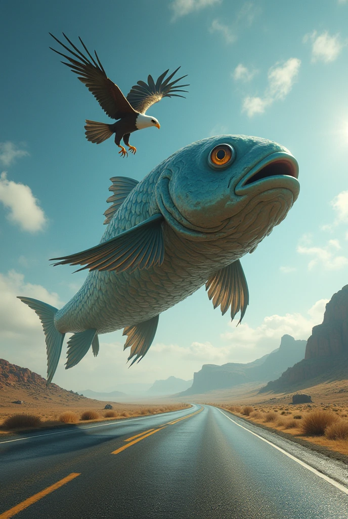 (Photorealism:1.2), roller fish overtaking an eagle on the road