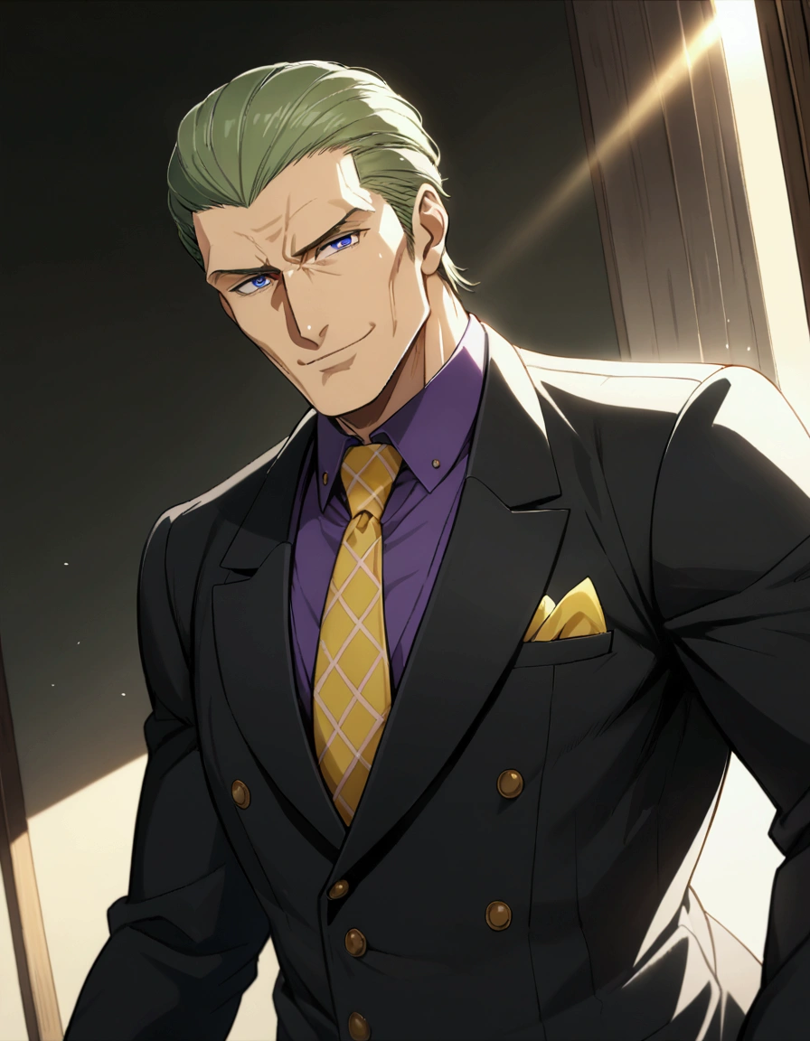 1man, (mature dad in ail-soft style, dandy president, moss olive hair, deepblue eyes, arafed spiky hair slicked back, businessman hairstyle), ideal ratio body proportions, BREAK (over 30s, elder producer, toned dilettante, high cheekbones, broad shoulder, square shaped face, handsome, beautiful detailed eyes, under 40s), BREAK (violet formal jacket, purplewhite shirt, yellow necktie, simple costume), BREAK solo, cool smile, smart emotion, BREAK upperlegs, romantic expression, 2000s, old hentai CG, in Ribahara Aki style, BREAK depth of field, dutch angle, cinematic shadows, cinematic lighting, lens flare, light leaks, texture, absurdres absolutely resolution, extreme all detailed, greatest paint, BREAK masterpiece, best quality, BREAK score_9, score_8_up, score_7_up, source_anime, rating_safe, score_6_up, score_5_up, score_4_up