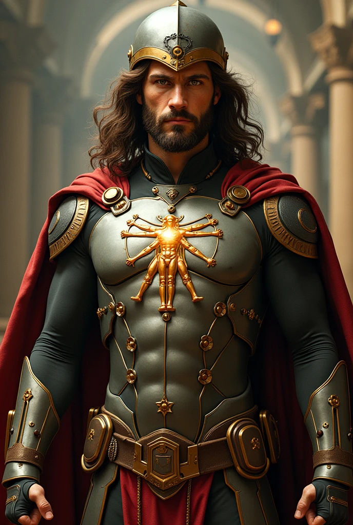 Generate an image of Leonardo da Vinci, the Renaissance polymath, as a superhero with the power of creativity. He wears a suit with a stylized Vitruvian Man emblem on his chest, and his eyes gleam with inventive genius. His costume is a fusion of Renaissance and modern elements, complete with a flying cape and a helmet with a built-in workshop. He holds a sketchbook that brings his ideas to life.