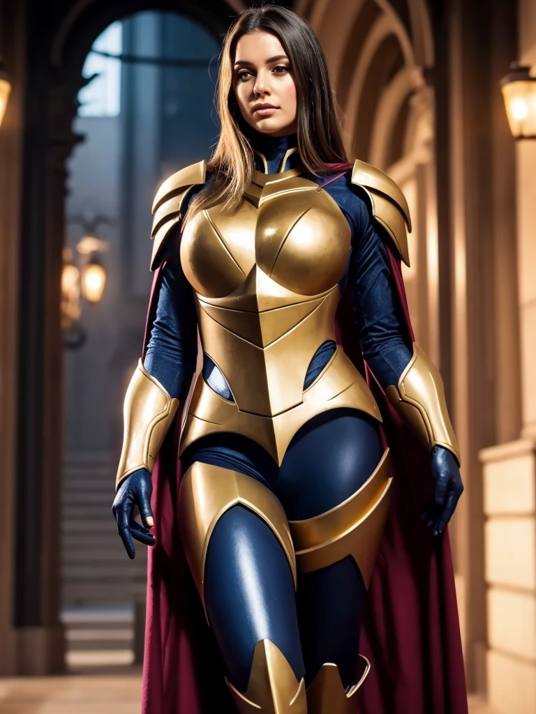 Scarlett Johansson, bimbo, armed knight, Hovering over, Gigantic, high, sweaty, bright, muscular, athletic, toned, Female Hourglass Body Shape, Giant and perky breasts, swollen nipples, thin waist, Exaggerated wide hips, Huge juicy bubble butt, thick thighs, skimpy string bikini, Sparse black and gold heavy plate armor on shoulders, arms and abdomen, socks, Extravagant cape, wielding a large sword, Low Squat, looking down at camera, forehead, worried, Lowered chamber