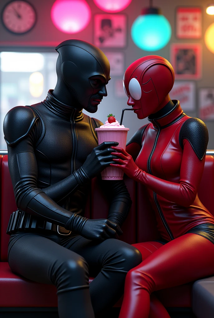 Two characters are sitting side by side in a stylish 80s diner.. The first character is a masked vigilante in black with a black visor., with black armor that shines subtly in the light. He is silent and exudes a mysterious aura. The other character next to you has a vibrant red outfit., with black details, and a red mask that completely covers his face, except eyes with white lenses . He is playing with a straw, while drinking a strawberry milkshake, clearly enjoying the moment. Both characters have milkshakes in their hands., with different flavors, and there is a slight camaraderie between them, despite their contrasting personalities. The background of the diner is colorful, with neons and retro posters, creating a nostalgic and fun atmosphere. crie essa imagem