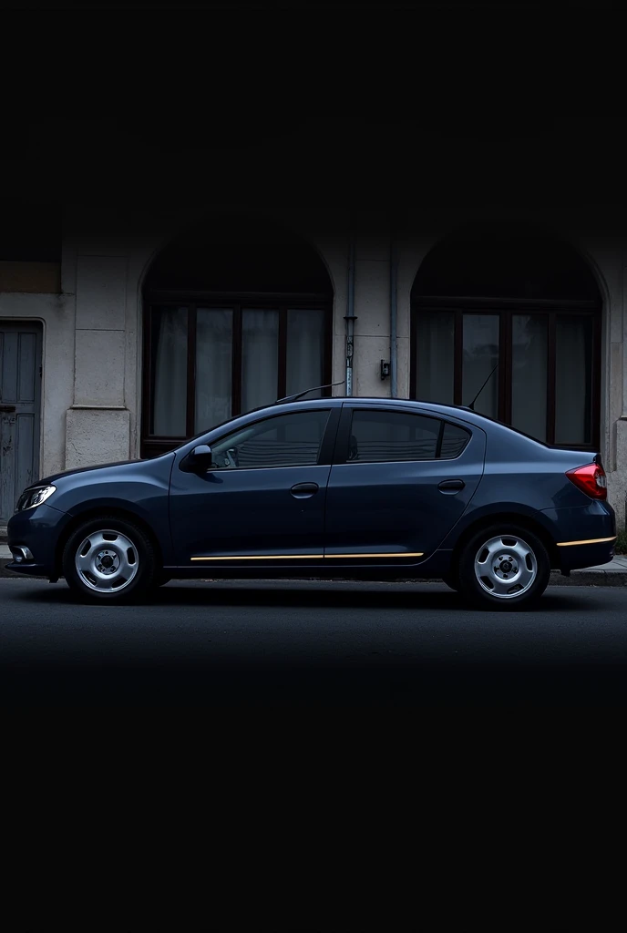 create a dark blue dacia logan sedan 2008 with a thin gold stripe on the side from end to end
