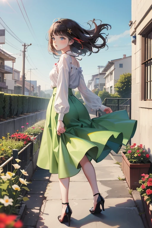 Top Quality, 1girl, full body , from behind ,(Hollow skin), (day), bright, blur background, outdoors, (Street:0.6), (hair:1.5), (Blouse:1.5), maxi skirt, red bottom high heels, superb, (Hair flotation:1.5), soft light, wind, garden, Street