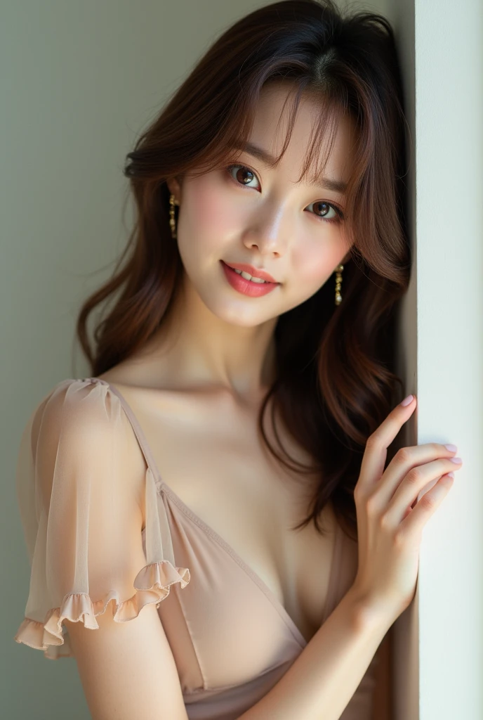 high resolution、A transparent Japanese woman、Ima-ish、Elegant、White Shirt、looking at the camera、body is angled、smile、Moist and shiny hair、Thready hair、cute、Brown Hair、Beautiful young woman who looks like a model、Leaning against a wall、Big eyes、Glossy makeup、Outline of an inverted triangle、Pulp lips、face is slanted45Every time、Straight Hair、The tips are heavy、Beige short-sleeved sheer top that covers the chest、Hide your chest、Attractive features、Big eyes、Beautiful woman、Single gold earrings、Diagonal bangs、Side-parted bangs、Beautiful like a celebrity、Thin bangs between the eyebrows、Pattsun Bob