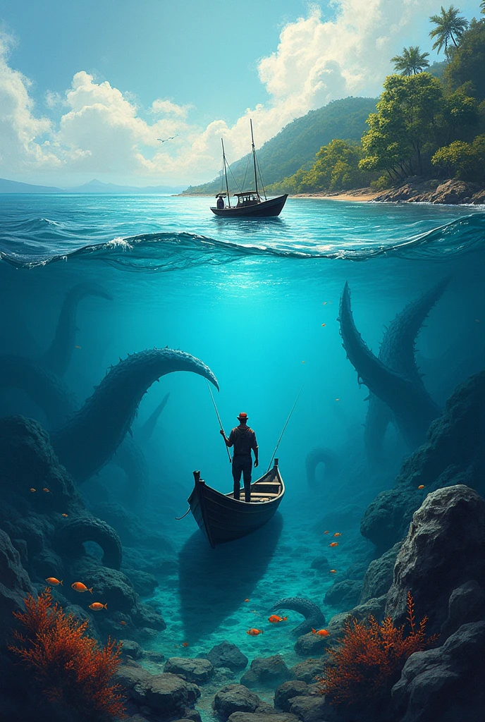 A boat with a fisherman on the water and underwater several fish and sea monsters in sight, arte abstrata