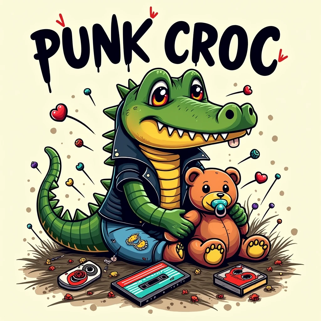 Create print with playful sophistication, splash art with vibrant colors and creative details, nostalgia with a punk twist and humor. The edges of the composition seamlessly blend into a clean and simple background. Title 'PUNK CROC' curved along the top in a bold, plush font, in front of the image.
In the center, depict a cute, adorable and wacky baby crocodile wearing a spiked leather jacket and ripped jeans, holding a teddy bear with a safety pin through its ear. The crocodile's expression is fierce but playful, with a pacifier hanging out of its mouth. Around the crocodile, create a nest made of colorful punk paraphernalia, such as safety pins, ripped patches, and old cassette tapes.