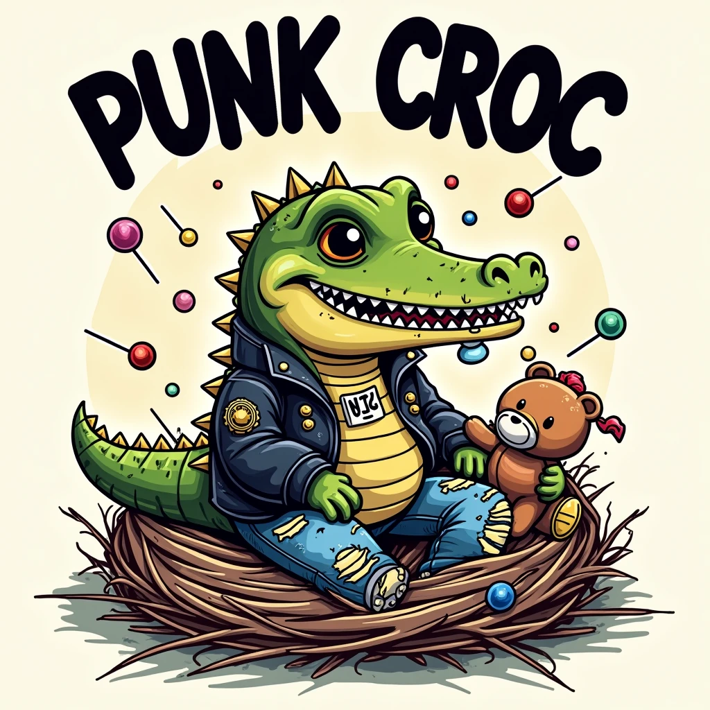 Create print with playful sophistication, splash art with vibrant colors and creative details, nostalgia with a punk twist and humor. The edges of the composition seamlessly blend into a clean and simple background. Title 'PUNK CROC' curved along the top in a bold, plush font, in front of the image.
In the center, depict a cute, adorable and wacky baby crocodile wearing a spiked leather jacket and ripped jeans, holding a teddy bear with a safety pin through its ear. The crocodile's expression is fierce but playful, with a pacifier hanging out of its mouth. Around the crocodile, create a nest made of colorful punk paraphernalia, such as safety pins, ripped patches, and old cassette tapes.