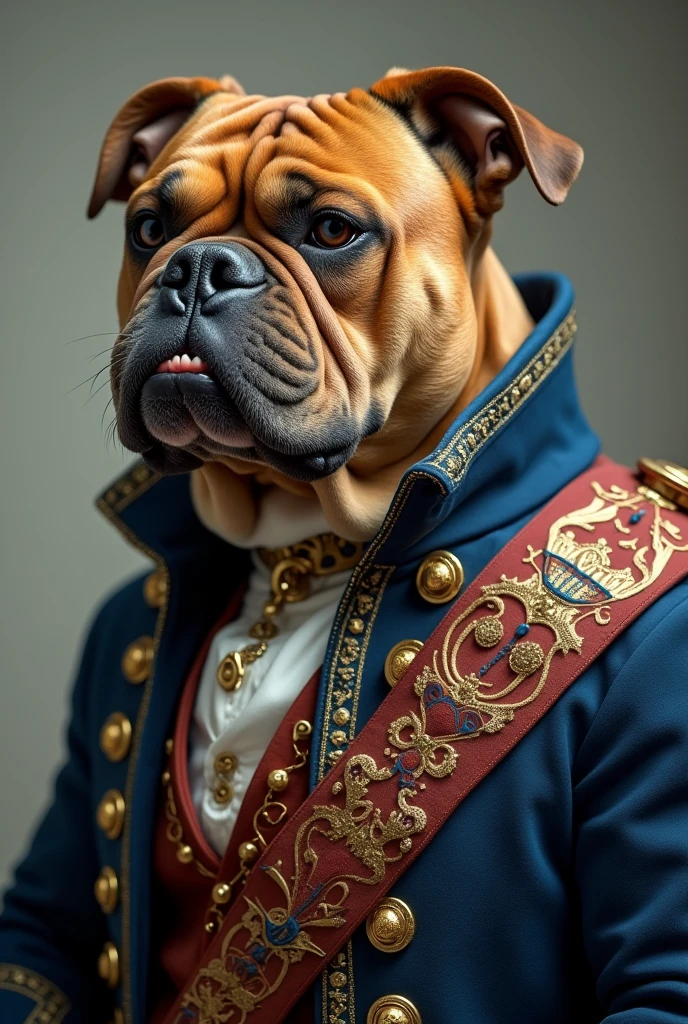Upset black american bully in old British royal clothes headshot turned to right with shoulders in frame with folded arms