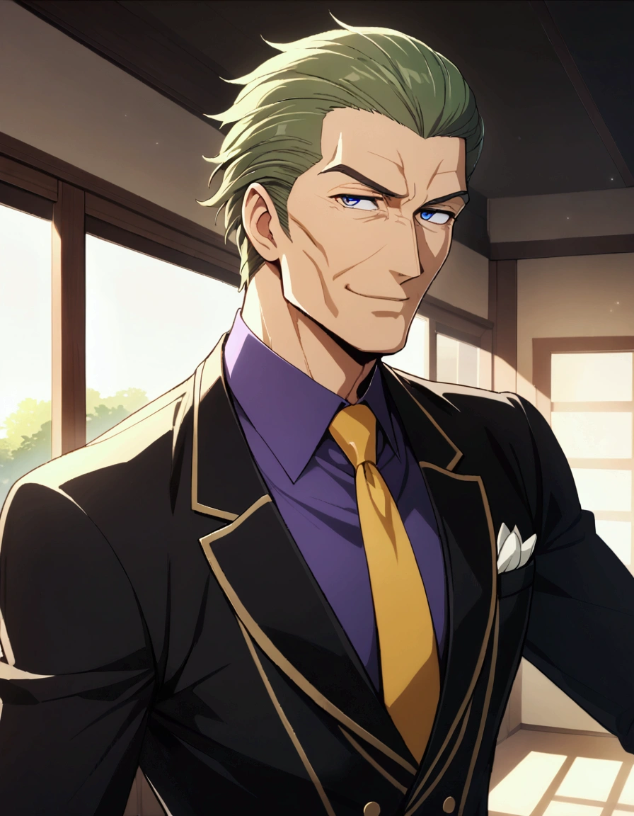 1man, (mature dad in ail-soft style, dandy president, moss olive hair, deepblue eyes, arafed spiky hair slicked back, spiked businessman hairstyle), ideal ratio body proportions, BREAK (over 30s, elder producer, toned dilettante, high cheekbones, broad shoulder, square shaped face, handsome, beautiful detailed eyes, under 40s), BREAK (violet formal jacket, purplewhite shirt, yellow necktie, simple costume), BREAK solo, cool smile, smart emotion, BREAK upperlegs, romantic expression, 2000s, old hentai CG, in Ribahara Aki style, BREAK depth of field, dutch angle, cinematic shadows, cinematic lighting, lens flare, light leaks, texture, absurdres absolutely resolution, extreme all detailed, greatest paint, BREAK masterpiece, best quality, BREAK score_9, score_8_up, score_7_up, source_anime, rating_safe, score_6_up, score_5_up, score_4_up