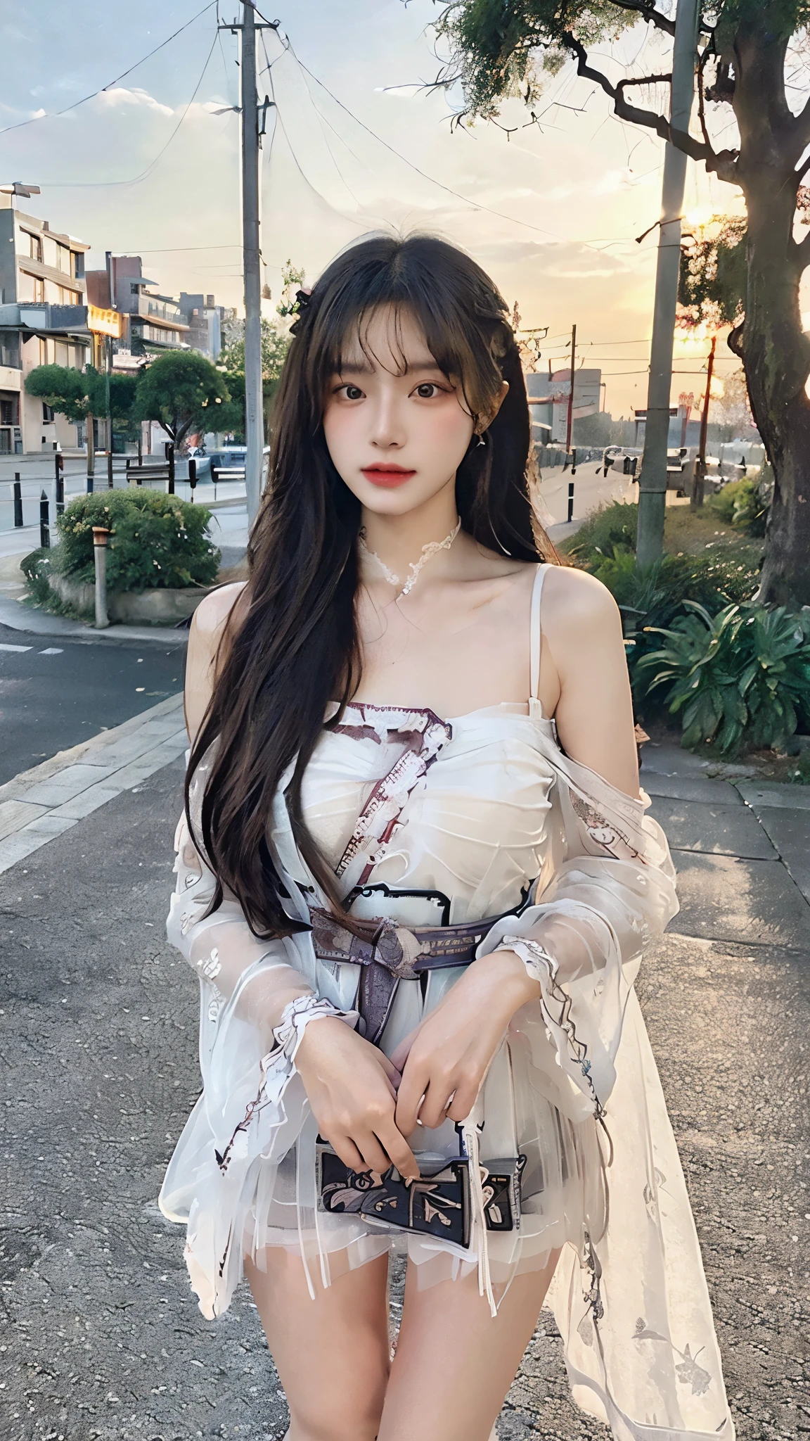(photo-realistic, ultra-realistic 8k CG: 1.2), perfect artwork, exquisite patterns, (best quality, intricate details, extremely complex: 1.2), 70mm telephoto lens, perfect lighting, detailed lighting, dramatic shadows, ray tracing, bloom, 1 girl, solo, idol, woman, girly, bright eyes, (detailed eyes), (wet skin, nsfw: 1.1), (very long hair, flowing hair, gorgeous hair, wind hair, strong wind, wind lift: 1.4), (ribbons in front, tulle: 1.3), earrings, filigree, removable sleeves, wide sleeves, (see-through clothing, semi-transparent clothing, armbands: 1.2), (revealing clothing), jewelry, (hollow breasts, slit chest, bare shoulders, off-shoulder, simple choker, no bra: 1.1), (horizon, distant view, far away, street: 1.2), simple background (pov legs, thighs, hanfu, hanfu: 1.4),
