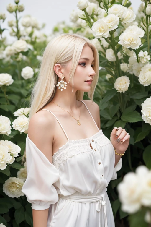Platinum Blonde clear Golden earrings White flowers on background From the waist up Friendly atmosphere Smell the flowers be happy Emancipated free Light 7:3 parting one piece Flowers in her hair She is wearing the clothes properly.