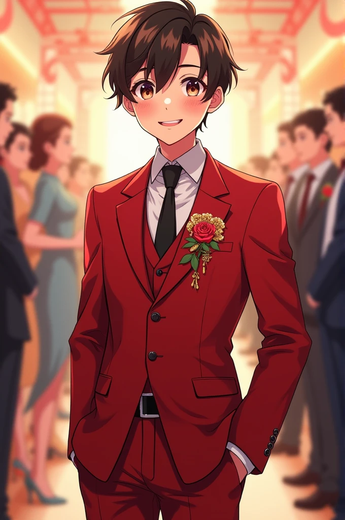 Anime boy in He's at a wedding with red pants and a red suit and his smiling very good way