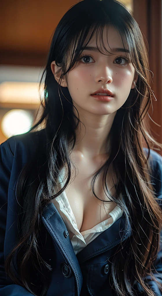 masterpiece, Bokeh, (Beautiful Face), (Detailed face), (Perfect hands), (Japanese Idols:1.6), (suit:1.3), (Ultra-realistic pantyhose:1.3), (Sit at the top of the tower:1.3),( Balcony of a high rise apartment:1.3), (Blushed:1.3), High heels, (From below:1.5), Beautiful mature woman,  (Obscene and extremely large breasts bigger than a face:1.95, Chest gap), (Big eyes that exude beautiful eroticism:0.8, Adult charm:0.8, Fascinating:0.8), necklace, Earrings, bracelet, Highly detailed and accurate hands and fingers, ((The shape of the female genitalia is clearly visible)), ((She has a very cute baby face and a pure and sexy expression.)), ((Extremely accurate anatomy))
