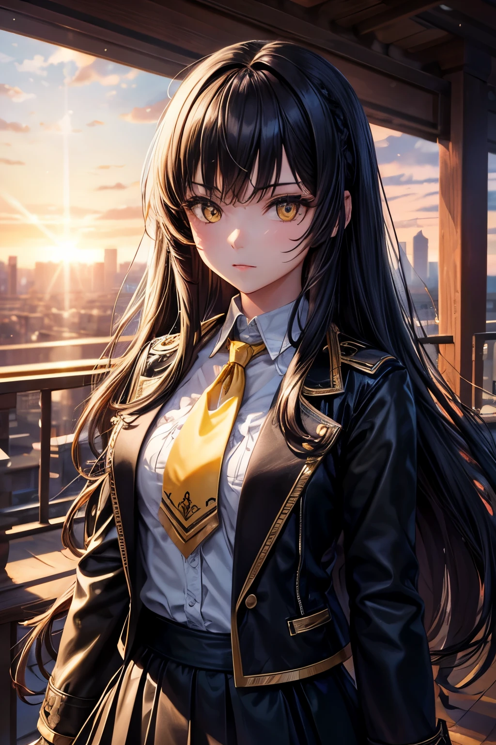 1girl in, intricate detailes, masutepiece, Best Quality, ighly detailed,Cinematic lighting, Beautiful detailed glow, Dense beautiful face and eyes, 8K, Dark intense shadows, Yellow eyes, Medium Hair, Black hair, Bangs, Floating hair, Black jacket, Open jacket, White shirt, deadpan, yellow necktie, Black skirt, Spotlight, Sunshine, Sunrise, Gradient sky, city, Lens Flare, Cowboy Shot, [[Curve]], [maturefemale] nsfw pussy masturbation squirting