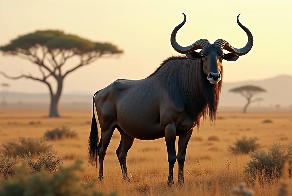 Create a captivating, hyper-realistic, AI-generated artwork of a wildebeest (gnu) in its natural habitat. The wildebeest should be depicted standing or grazing in the African savanna, showcasing its distinctive features, including its robust body, curved horns, and shaggy mane. Capture the detailed texture of the wildebeest's fur and its unique physical characteristics, with the animal's head held high and a calm or alert expression.
The scene should reflect the expansive savanna landscape, featuring tall grasses, scattered bushes, and perhaps a few distant acacia trees. Emphasize the texture of the savanna, including the warm, earthy tones of the environment and the vibrant greens of the grasses.
Use natural, earthy colors to depict the wildebeest and its surroundings, highlighting the contrast between the animal’s dark fur and the savanna. The lighting should be soft and natural, conveying the warmth of the African sun and enhancing the wildebeest's features and the textures of its environment.
The style should be hyper-realistic yet artistic, focusing on the wildebeest's presence and the vastness of its natural habitat. The final artwork should be high-resolution and visually striking, capturing the rugged elegance and serenity of the wildebeest in its natural setting.