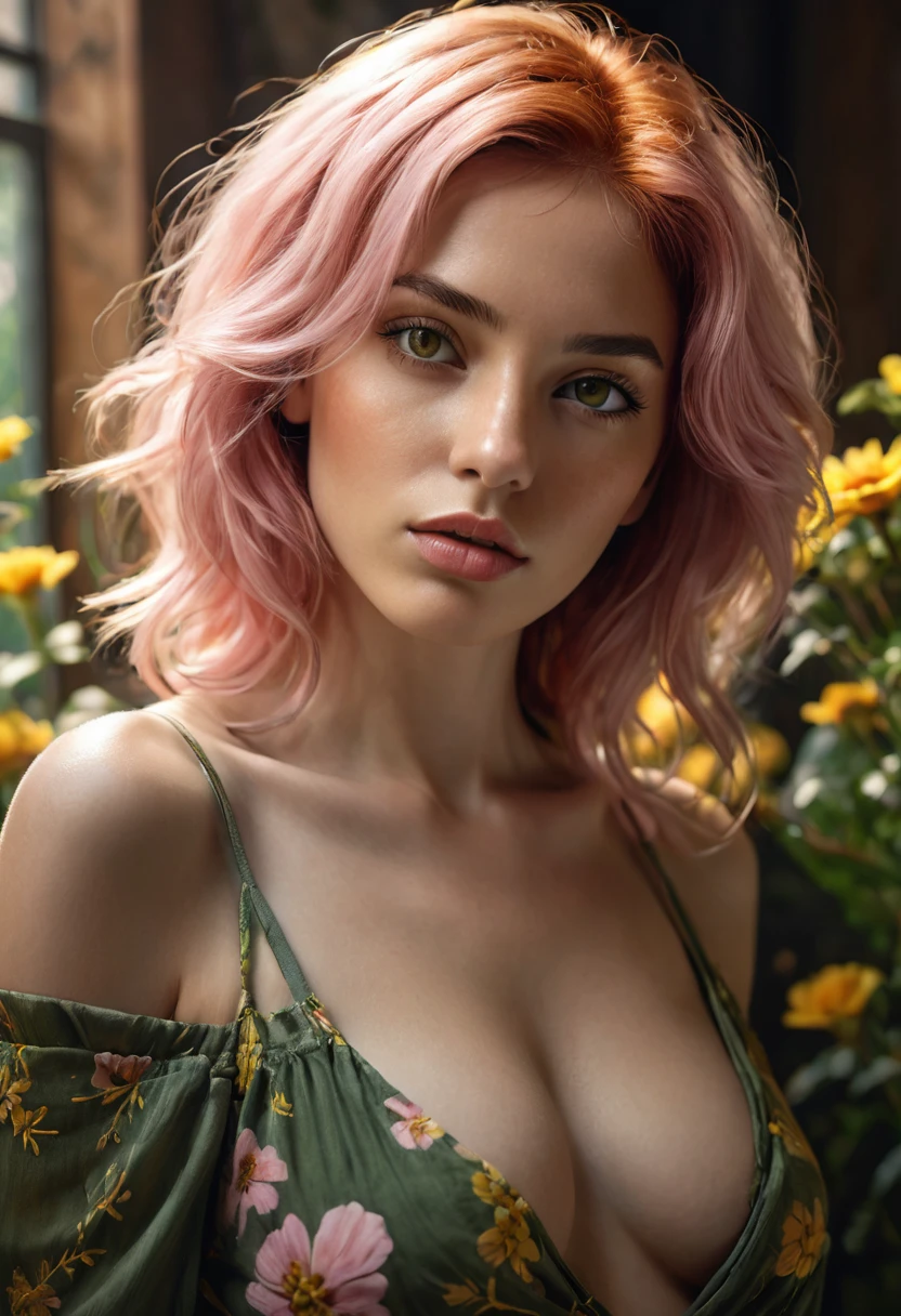 A woman, sensual, she is an adult, red hair layered and styled, (((a woman with light pink hair 1.7)))(((very beautiful))), perfect faces, she is surrounded by yellow flowers in her room, dark and cool palette, moss green dress that fits her body, yellowish eyes, 8K, modest clothing, beautiful small breasts, extremely detailed, lips shining with colorless gloss, (high quality, realistic, photorealistic: 1.37), ideal proportions and dark skin (brown black hair) defined, meticulously crafted features, inaccessible beauty, perfection, artistic art, vivid realism, hyper-detailed sculpting, realistic shapes, truly inspiring, impeccable craftsmanship, pure brilliance, ethereal beauty, delicate contours, striking poses, sublime beauty, subtle nuances, dynamic compositions, vibrant colors, perfect lighting, moving expressions, heavenly aura, majestic presence, dreamlike atmosphere, unmatched high level of detail, high-octane rendering on artstation, 8k art photography, photorealistic concept art, volumetric cinematic soft natural light, chiaroscuro, award winning photography, fine art, oil on canvas, beautiful, detailed, intricate, insane
