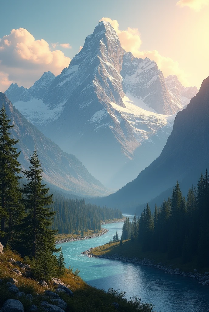 : A vast, detailed mountain range with snow-capped peaks, surrounded by a thick pine forest. The scene is bathed in the golden light of the setting sun, with a clear river winding through the valley below.