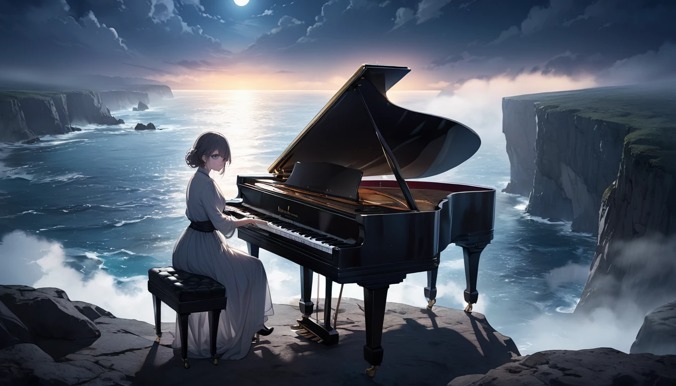 Professional photography of a Pianist playing the old piano with passion face on the cliff with an ocean background, looks very intense, the night atmosphere is lit by moonlight, fog covers the area.