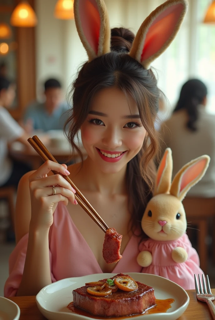 We are looking for high quality, stunningly visually stunning photos.。Give the whole background a delicate feel like a movie scene.。At the center is、Beautiful like a goddess、Place a woman with a bewitching smile and realistic facial features.。Her hair is light brown and in large waves in a ponytail.、It has a glossy texture、Make sure you can feel the movement。She has rabbit ears on her head.、The design is sophisticated and elegant.。Wearing breakdance dancer-style clothing。Her face is Russian 10%and Armenia 20%and Japanese 70%Mixed race、She has the mature charm of a 2.、Describe a very beautiful and delicate face.。 She is happily eating steak、The hands holding the chopsticks are elegant.、Please realistically depict the details of the steak, which is an ingredient.。A life-sized rabbit wearing pink clothes is sitting next to the woman, staring at her.、The rabbit is very realistic、Give them soft fur and sparkling eyes。 The composition is a front shot.、Make sure you maintain eye contact with the camera、Enhance your natural, radiant skin tone。Crisp and sharp focus throughout、Crisp down to the smallest detail、Finish it in gorgeous, full-color.。The whole visual、Perfect balance and beauty、Make sure you leave a strong impression on the viewer。In the background, people eating happily々There are many。