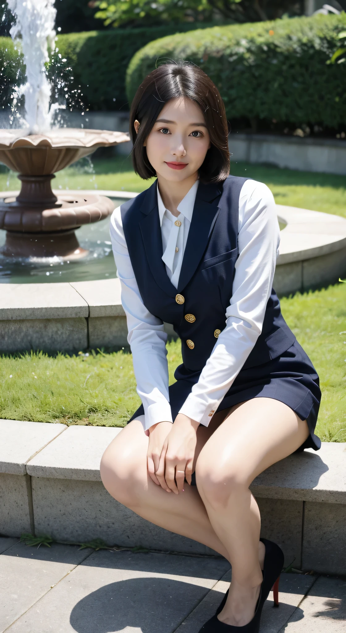 最high quality, In 8K, Masseter region, Vibrant, Sharp focus, high quality, High resolution, Detailed face, fine grain, Thick lips, (Looking at the audience), alone, Beautiful woman, 3, Japanese women, （Short black hair:1.4）、（Bob Hair:1.4）, Cleavage, Lunch break、Large city park、Green Grass、In front of a big fountain、（sitting on a park bench:1.3）、（Full body photo:1）、（Japanese women）、（Mitsubishi Bank:1.8）, （She is wearing a dark blue vest over a white blouse.:1.5）, The vest has three gold buttons, （red, Blue and white ribbon tie:1.6）、（Ribbon tie at neck）、（Knee-length dark blue skirt）、（Black pumps:1.5）、（red lipstick:1）、（smile:1.6）、（standard body type）、（Z cup breasts）