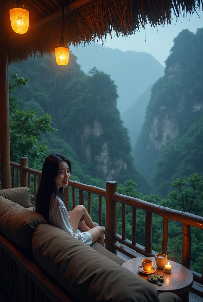 Serene wooden balcony with rustic bamboo railing overlooking lush green forest during heavy rain. The balcony is equipped with a comfortable long sofa with large brown cushions., and a small round table that holds two cups of tea or coffee. A beautiful Korean woman with long hair is sitting on the sofa, wearing pajamas and flip-flops. He looked at the camera with a smile. The warm atmosphere is lit by yellow hanging lamps., and the natural thatched roof on top adds to the cozy rural atmosphere.. It was night, dark surroundings, adds to the calm, almost mystical atmosphere. In the background, looks as dim as it is dark. mist billows between towering cliffs covered in deep green, as the rain falls.