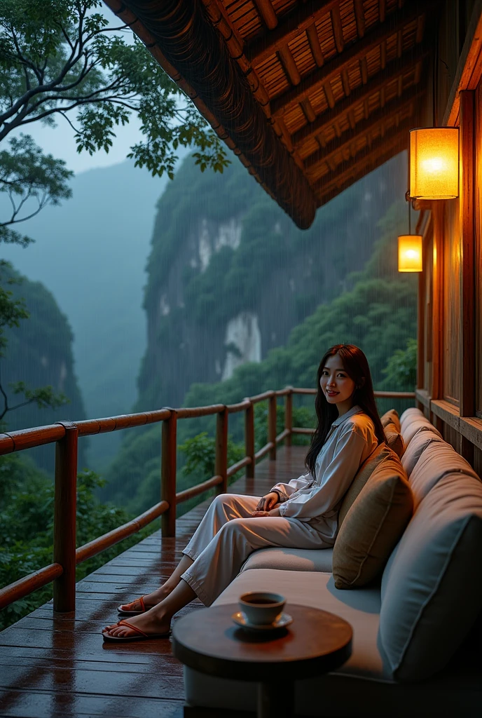 Serene wooden balcony with rustic bamboo railing overlooking lush green forest during heavy rain. The balcony is equipped with a comfortable long sofa with large brown cushions., and a small round table that holds two cups of tea or coffee. A beautiful Korean woman with long hair is sitting on the sofa, wearing pajamas and flip-flops. He looked at the camera with a smile. The warm atmosphere is lit by yellow hanging lamps., and the natural thatched roof on top adds to the cozy rural atmosphere.. It was night, dark surroundings, adds to the calm, almost mystical atmosphere. In the background, looks as dim as it is dark. mist billows between towering cliffs covered in deep green, as the rain falls.
