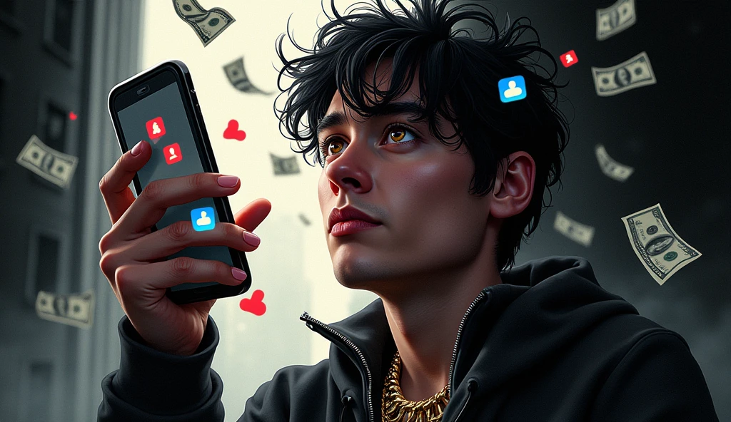 {
"prompt": "A powerful thumbnail representing 'The Showoff on Social Media - All for the Like'. The image must be realistic and illustrative, mainly in black and white. Show a person or a hand holding a smartphone with various social media icons tiktok, instagram, facebook and youtube bouncing around the screen, as if seeking likes and validation. The person's face or expression should show obsession or despair. a gold watch shining on your wrist, a gold necklace around your neck, money falling in the background. The entire image should be in black and white, but social media icons or the on-screen ‘Like’ button should be highlighted in vibrant colors to draw attention to the central theme",
"settings": {
"style": "realistic and illustrative",
"lighting": "high contrast",
"detail_level": "high",
"color_scheme": "black and white with a focal point in bright colors",
"emphasis": "tiktok, instagram, facebook, youtube icons and the expression of the person",
"size": "1280x720"
}
}