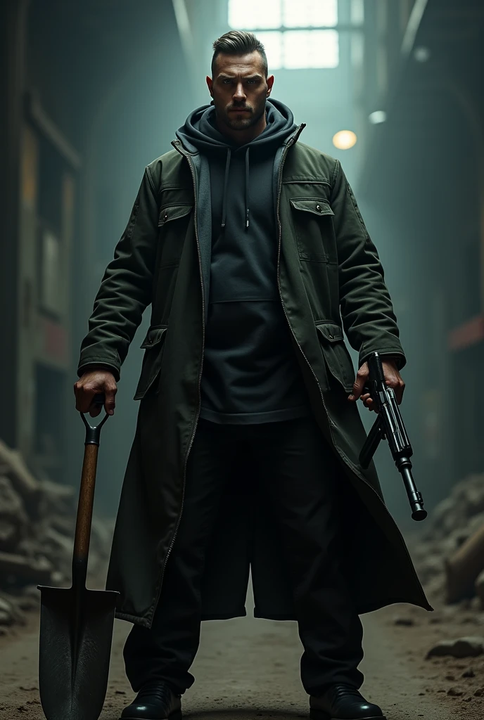 An image where in the right hand he has a firearm and in the other a shovel and a pencil